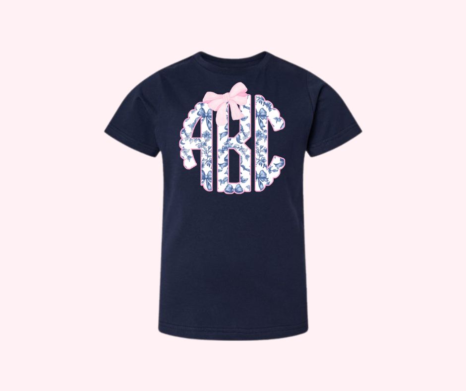 Youth Blue Toile Pink Bow Monogram