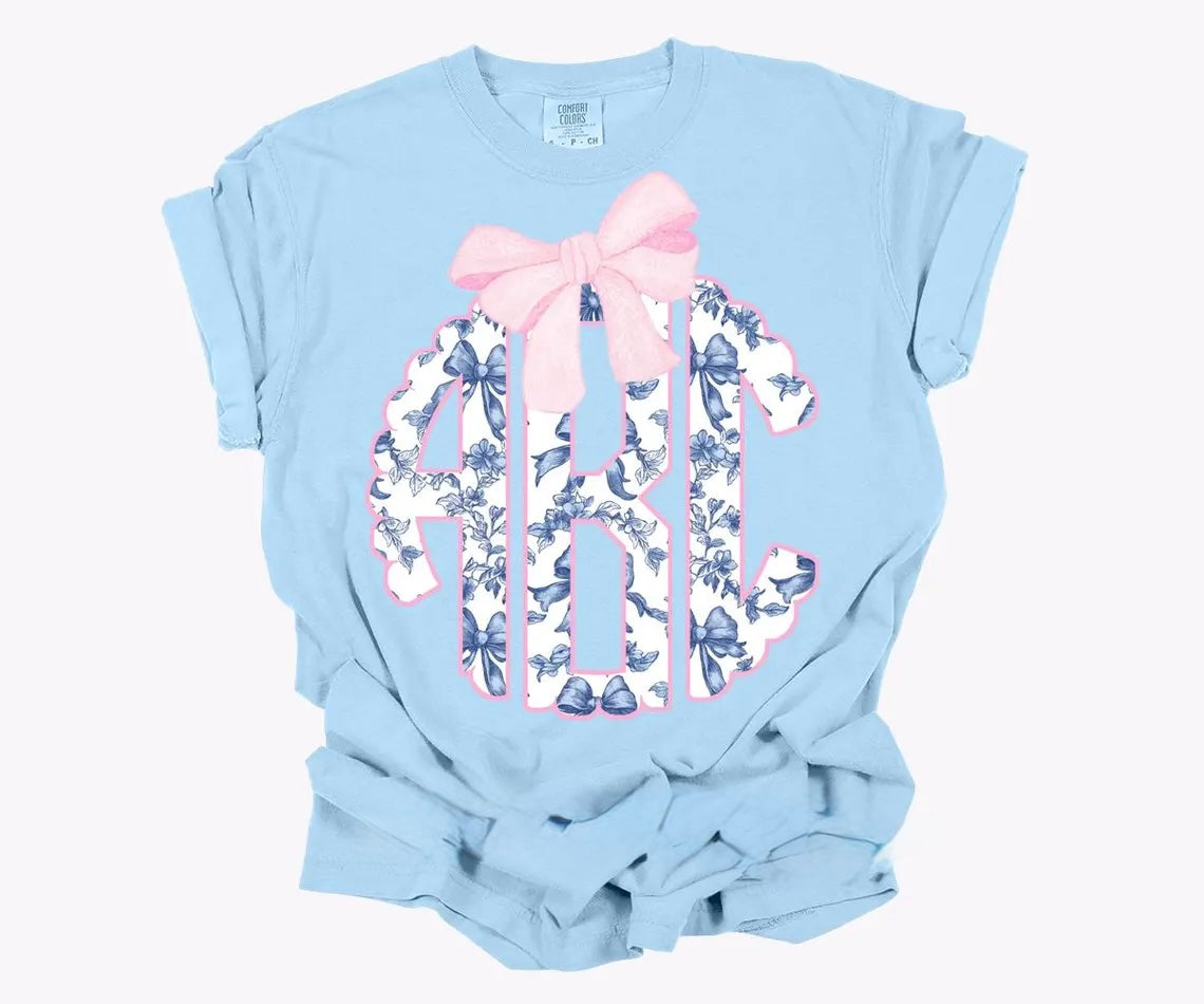 Adult Blue Toile Pink Bow Monogram