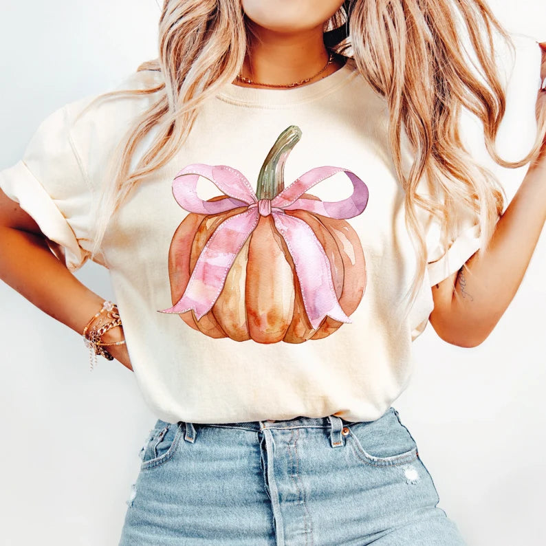 Watercolor Pumpkin With Pink Bow