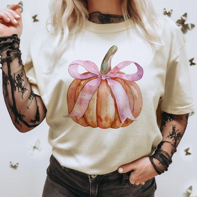 Watercolor Pumpkin With Pink Bow