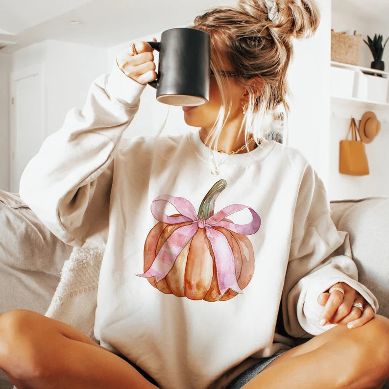 Watercolor Pumpkin With Pink Bow