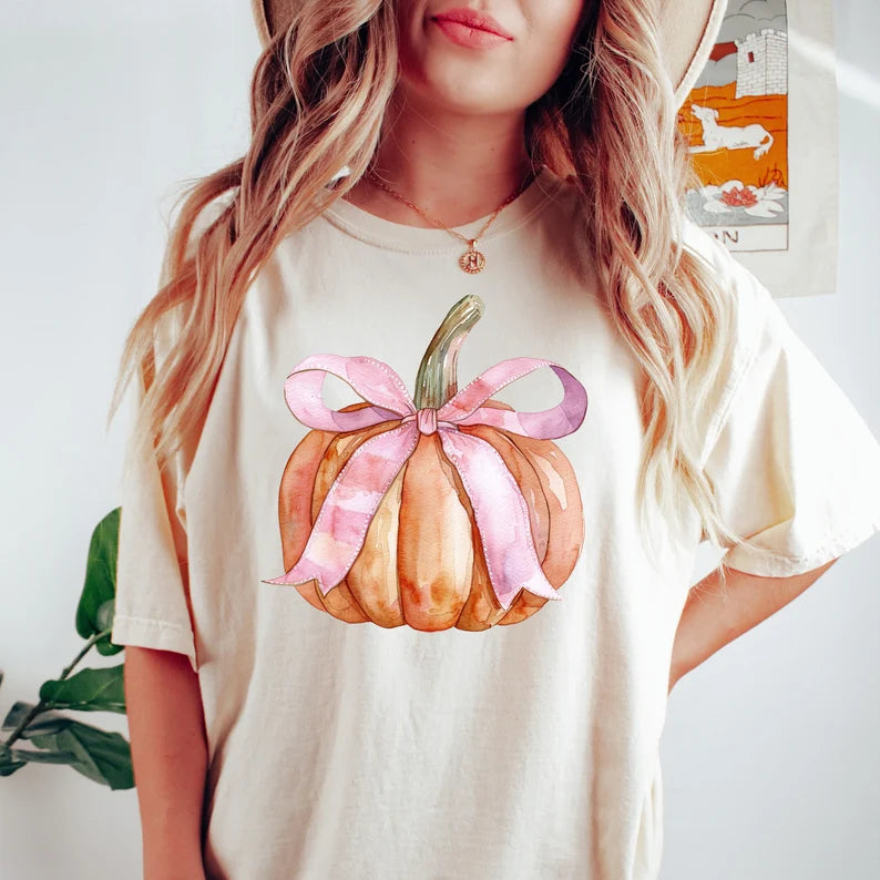 Watercolor Pumpkin With Pink Bow