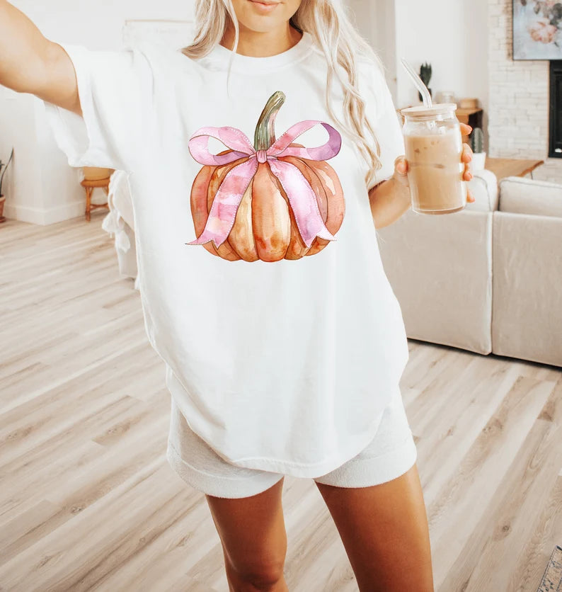 Watercolor Pumpkin With Pink Bow