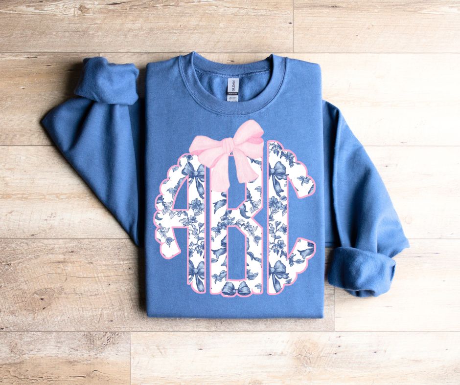Adult Blue Toile Pink Bow Monogram