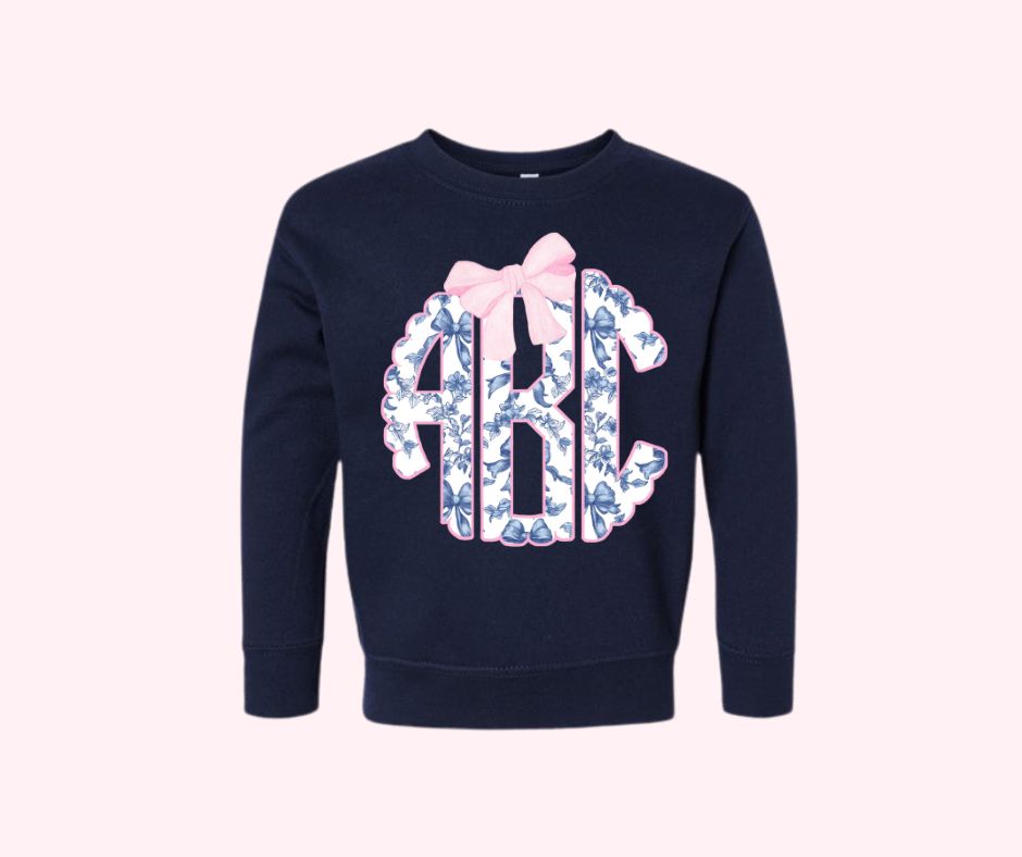 Youth Blue Toile Pink Bow Monogram