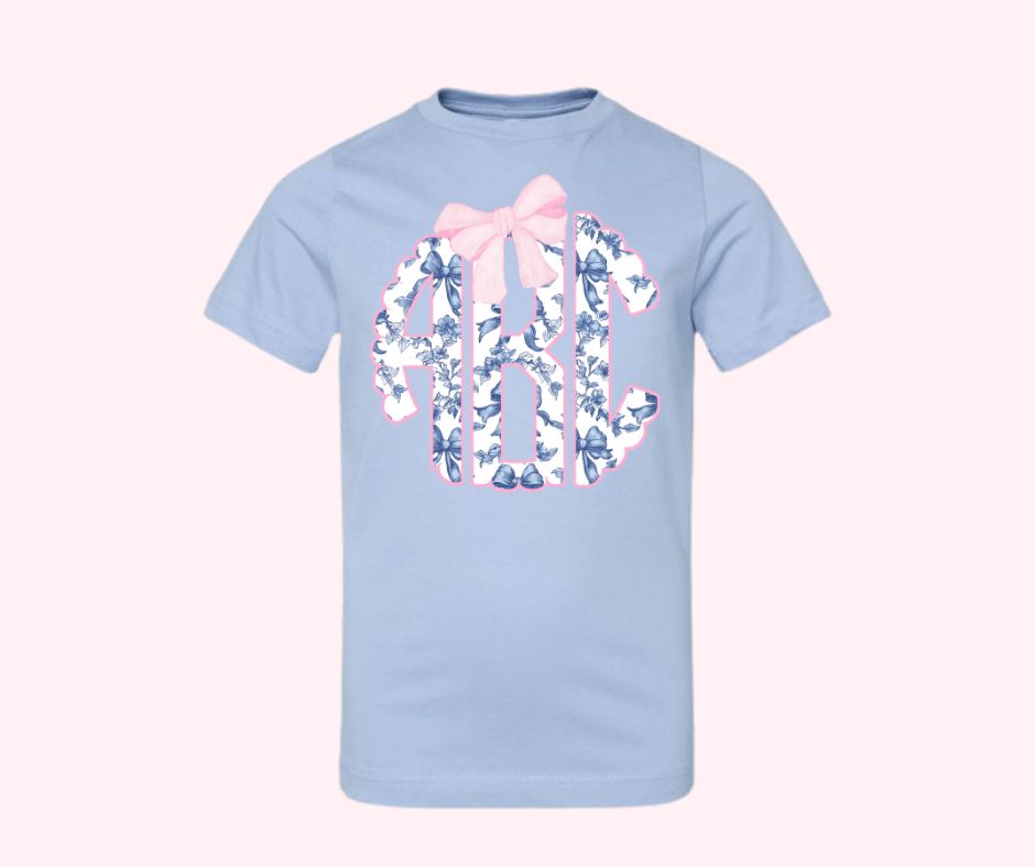 Youth Blue Toile Pink Bow Monogram