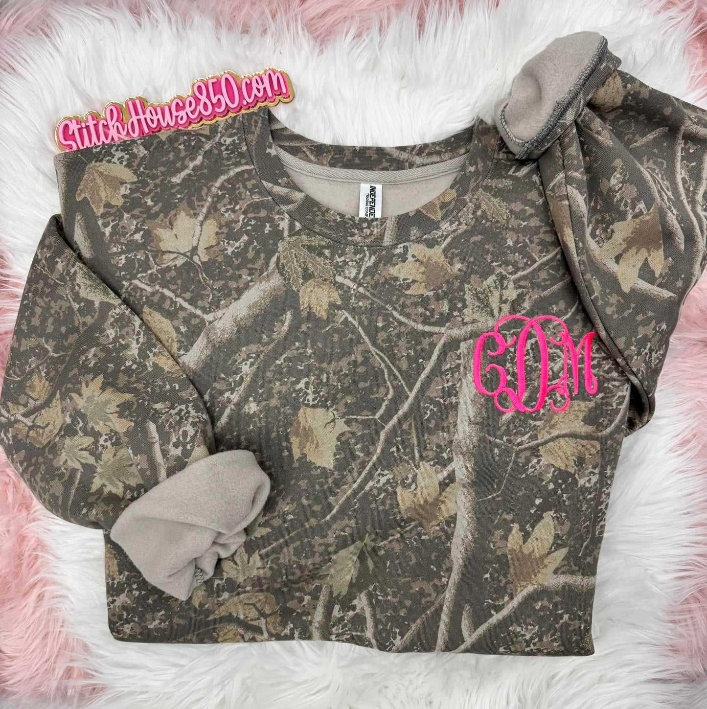 Adult Embroidered Monogram Camo Crewneck