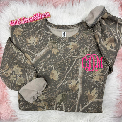 Adult Embroidered Monogram Camo Crewneck