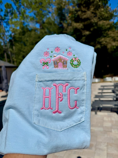 Adult Embroidered Monogram Gingerbread House Shirt