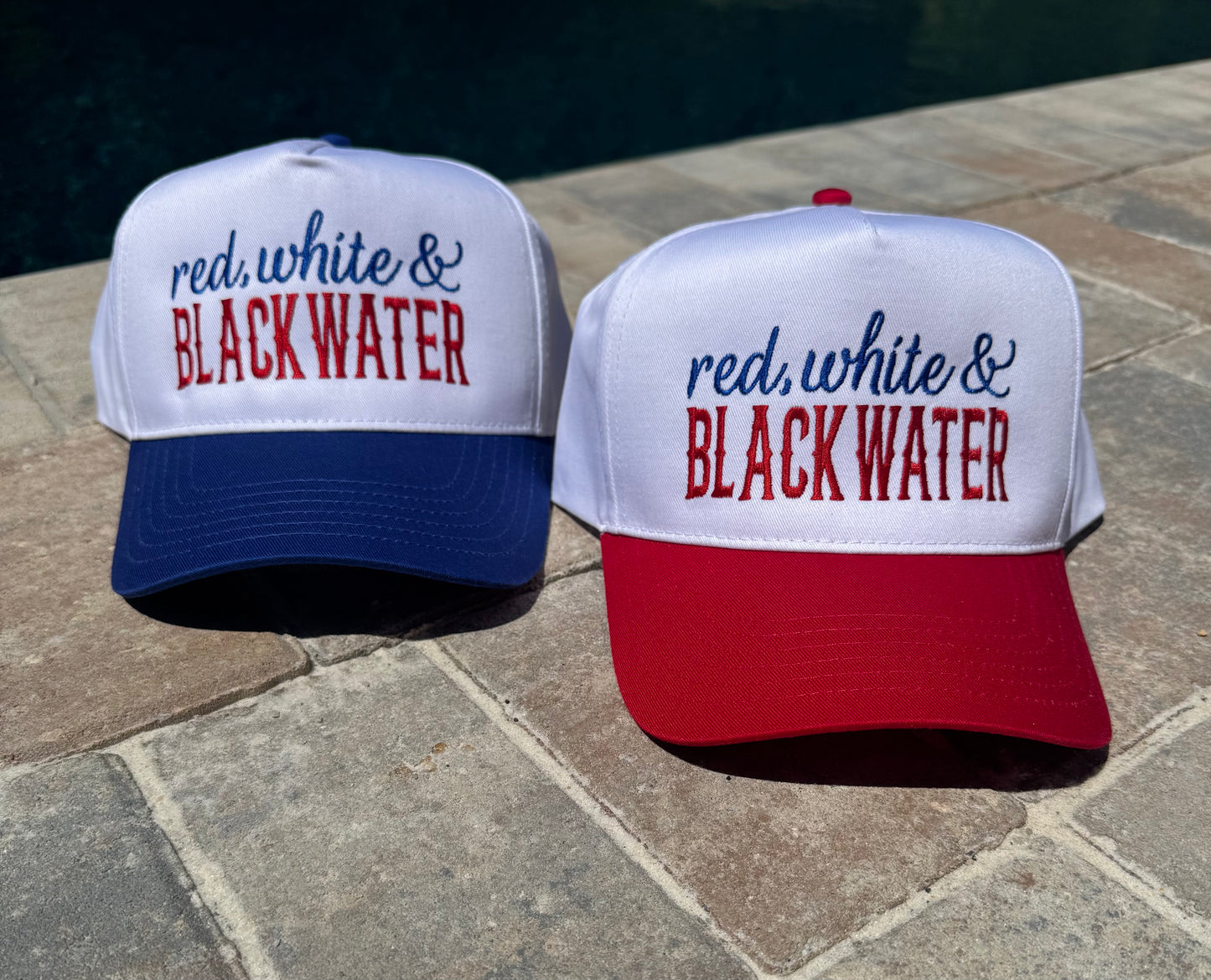 Red, White and Blackwater Embroidered Hats