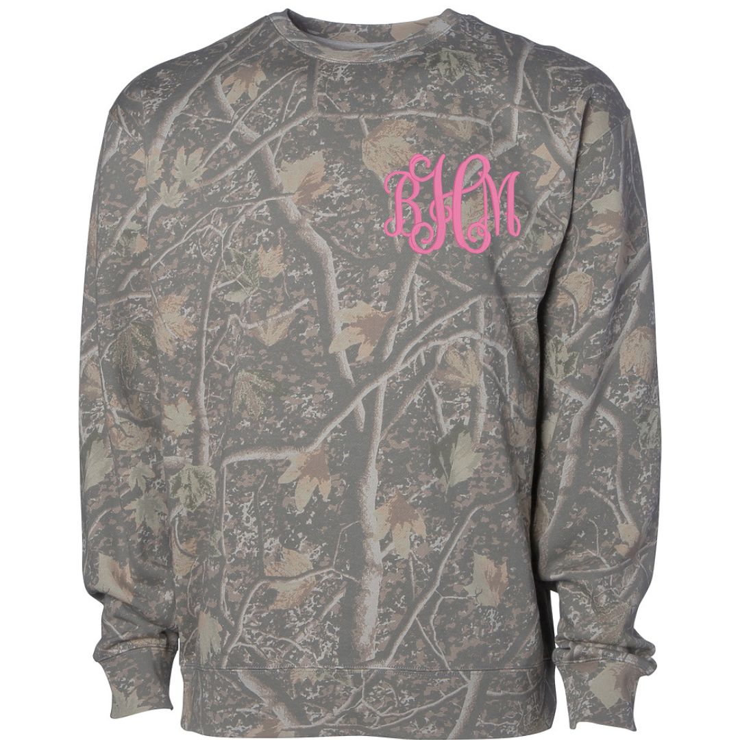 Adult Embroidered Monogram Camo Crewneck